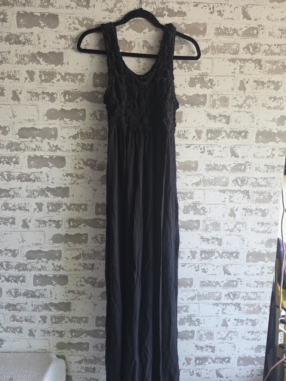 Aerie Black Crochet Bodice Maxi Dress L Cami Slip Boho Summer Beach